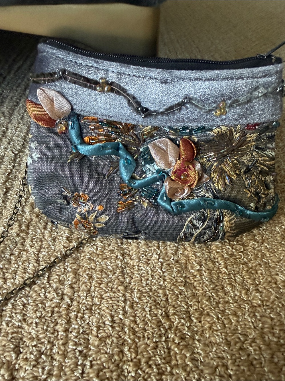 Mary Frances Embroidered Floral Clutch in Teal, Gold & Gray